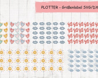 Plottervorlage Größenlabels mit verschiedenen Motiven SVG, DXF und JPG Sprache Deutsch