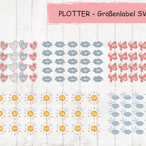 Plottervorlage Größenlabels mit verschiedenen Motiven SVG, DXF und JPG Sprache Deutsch