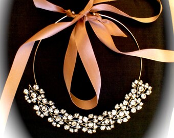 Rhinestone Collar Necklace with Ribbon Closure