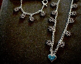 Sterling Silver Turquoise Heart on Sterling Plated 3D Necklace, with Bracelet SET