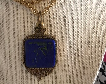 Blue Carved Egyptian Scene Pendant with Thick Gold Long Chain