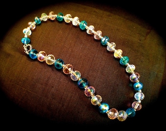 Bright Blue and Clear Crystal Glass Necklace with Toggle Clasp