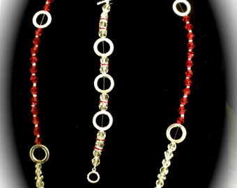 SET - Striking red and clear crystal circle long necklace and matching bracelet