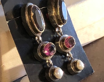 Vintage Michou c. 6 CT. Garnet/Rhodalite Garnet & Pearl 22 kt. Gold Vermeil Accent Sterling Silver Post Hanging Earrings