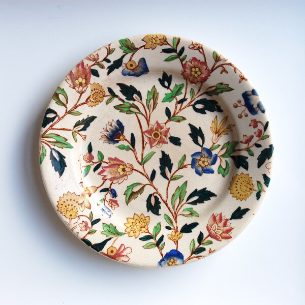 Spring Floral Plate / Painted Ceramic Platter / Pink, Yellow & Blue Flowers / Vintage Pottery