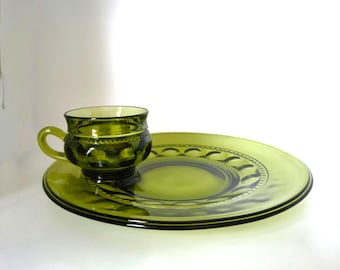 4 Piece Green Indiana Glass Company Luncheon Cup Plate Set Kings Crown Thumbprint
