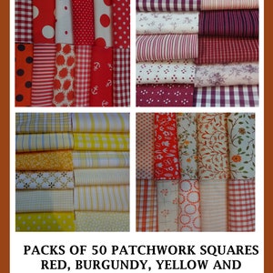May include: A selection of fabric squares in red, burgundy, yellow, and orange. Various patterns are visible, including polka dots, stripes, gingham, and floral prints. The image text reads "PACKS OF 50 PATCHWORK SQUARES RED, BURGUNDY, YELLOW AND ORANGE."