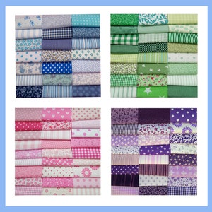 Patchwork squares 4x4 ins (10cms) Pink, Blue, Purple or Green. Packs of 50