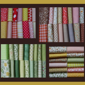 May include: A collection of rolled fabric bundles in diverse patterns and colours. The fabrics feature floral, polka dot, gingham, and striped designs in red, yellow, green, and brown hues. Suitable for quilting or craft projects.