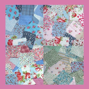 May include: A patchwork design composed of fabric scraps in blue, pink, and green hues. The fabrics showcase floral, polka dot, and plaid patterns. The arrangement is set against a pink border, creating a visually appealing textile composition.