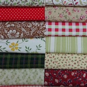 May include: A selection of fabric swatches in a variety of patterns and colours. The fabrics feature floral, polka dot, striped, and plaid designs in shades of red, green, brown, and cream. The fabrics are neatly stacked, displaying a range of textile options.