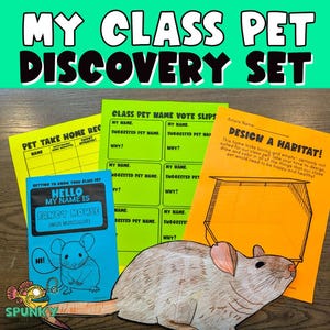Könnte beinhalten: Ein druckbares Klassensatz für ein Klassentier-Entdeckungsprojekt. Das Set enthält ein Namensschild, einen Stimmzettel zur Wahl eines Haustiernamens und ein Arbeitsblatt zum Entwerfen eines Lebensraums. Das Set zeigt eine Comicmaus mit dem Text "Hallo, ich heiße Fancy Mouse (Mus musculus)".