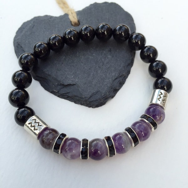 Aquarius Bracelet,Black Onyx,Amethyst Bracelet,Jewelry,Jewellery,Gift,February Zodiac,Unisex Aquarius Gifts,Stretch Gemstone Bracelet