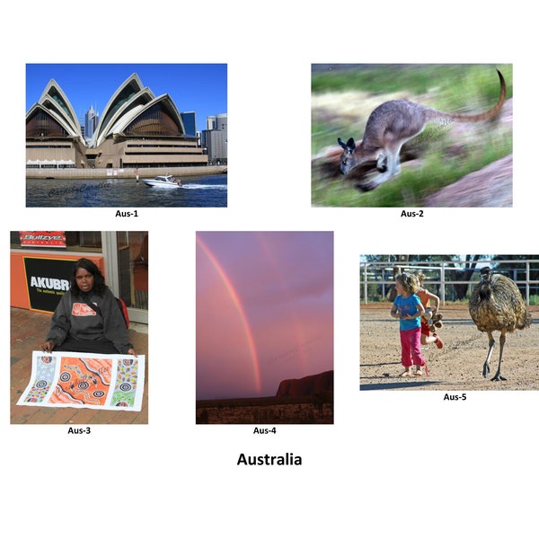 Australia - 10 5x7 notecards:  Sydney opera house; wallaby; Uluru at sunrise; aborigine artist; emu