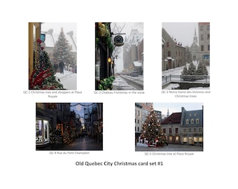 Tarjetas navideñas antiguas de Quebec (conjunto 1), 5 escenas, conjunto de 10 tarjetas navideñas o de notas de 5 x 7, fotografía original, Place Royale, Chateau Frontenac