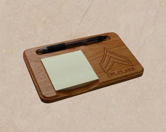 Personalized Military Sticky Note Holder, Custom Wood Notepad & Pen Holder Organizer, Soldier Gift