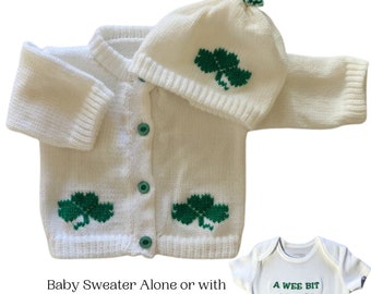 Shamrock Knitted Baby Sweater, Personalized Knitted Baby Sweater, St. Patricks Day Baby Sweater, Baby Cardigan, Baby Bodysuit