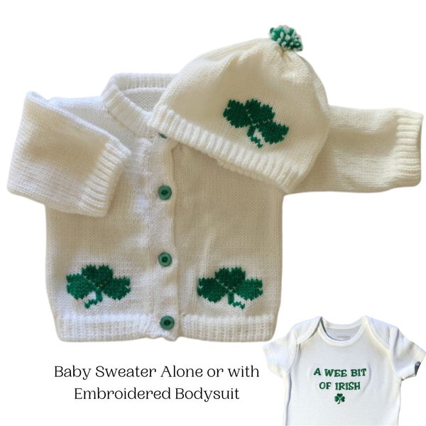 Shamrock Knitted Baby Sweater, Personalized Knitted Baby Sweater, St. Patricks Day Baby Sweater, Baby Cardigan, Baby Bodysuit