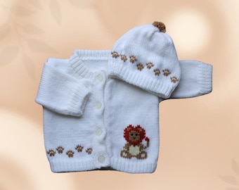 Sweterek dla niemowląt Lion, personalizowany dzianinowy kardigan dla niemowląt, spersonalizowany prezent na baby shower