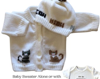 Kitten Knitted Baby Sweater, Knitted Baby, Personalized Knitted Baby Sweaters, Baby Sweaters, Kitten Baby Bodysuit, Cat Baby Sweaters, Baby