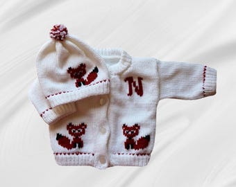 Sweterek dziecięcy Fox, personalizowany dzianinowy kardigan dla niemowląt, spersonalizowany prezent na baby shower
