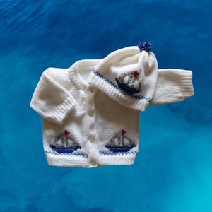 Knitted Sailing Ships Baby Sweater: Personalized Hand-Embroidered Sailor Outfit