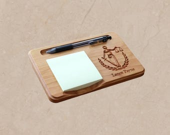 Carved Wooden Lady of Justice Notepad Holder: Personalized Notepad & Pen Organizer