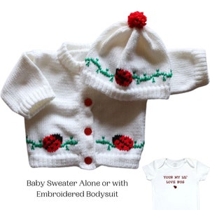 Lady Bug Knitted Baby Sweater, Personalized Knitted Baby Sweaters, Ladybug Baby Sweater, Baby Sweaters, Ladybug Baby Bodysuit, Baby Clothes image 1