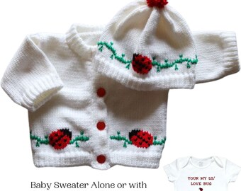 Lady Bug Knitted Baby  Sweater, Personalized Knitted Baby Sweaters, Ladybug Baby Sweater, Baby Sweaters, Ladybug Baby Bodysuit, Baby Clothes