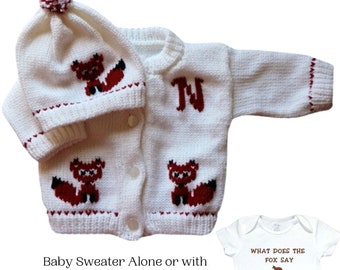 Fox Knitted Baby Sweater, Personalized Knitted Baby Sweaters,  Animal Baby Sweater, Fox Baby Bodysuit, Baby Sweater, Baby Clothes, Baby