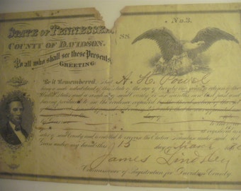 1870 - Elective Franchise Act - Certificate - A. H. Powel - James Lindley - Davidson County Tennessee