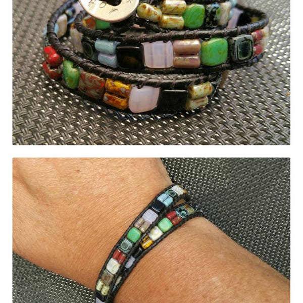 Bracelet "Mosaïque" 2 tours en cuir et perles tchèques. Pour homme ou femme.