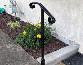 Single Post ornamental hand rail 1 or 2 step railing for stairs steel handrail with hardware!  Super Sturdy handcrafted USA