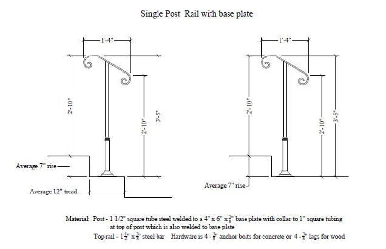 Standard Single Post Flat Bar Top Hand Rail 1 or 2 step railing for stairs steel handrail with hardware Super Sturdy handcrafted USA image 4