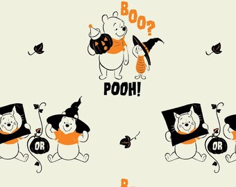 May include: A seamless pattern featuring Winnie the Pooh and Piglet dressed in Halloween costumes. Winnie the Pooh is holding a pumpkin and Piglet is wearing a witch's hat. The pattern includes the text "Boo?" and "Pooh!" in orange and black.