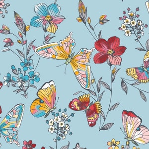 Tissu papillon, tissu floral, papillons turquoise MASD10004-Q, bord de prairie, Maywood Studio, coton courtepointe, tissu par mètre