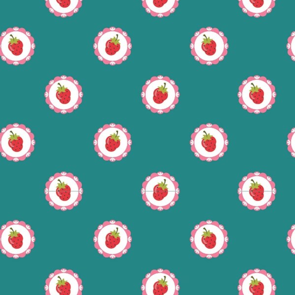 Hopscotch & Freckles, Vintage Strawberries Teal 21914, 1930s Fabric, Poppie Cotton, Quilting Cotton Fabric, Priced/Sold by the Half Yard