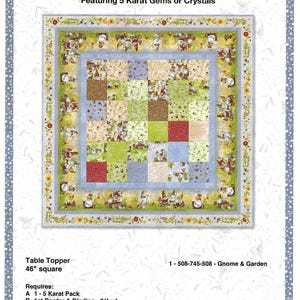 May include: A square table topper quilt, 46 inches (117 cm) across, featuring a patchwork design with various fabrics. The quilt has a blue border and a floral and gnome-themed outer border. The text "Checkpoint" is at the top.