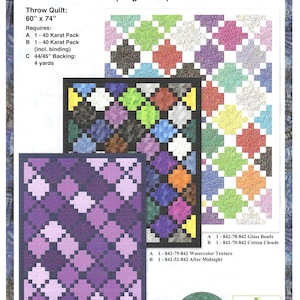 May include: A quilt pattern titled "Hidden Blocks" with a throw quilt size of 60" x 74". The image displays several quilt block designs in various colors, including purple, green, and orange. The pattern requires 4 yards of backing fabric.