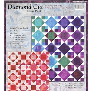 May include: A fabric panel for a large throw quilt, featuring a diamond pattern in shades of blue, purple, and red. The quilt measures 64 inches by 80 inches. The panel includes the text "Diamond Cut" and details for the required packs and yardage.