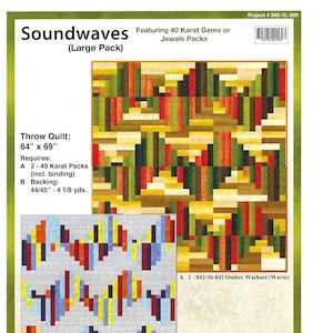 May include: Soundwaves quilt pattern featuring a geometric design with red, orange, yellow, green, blue, and brown squares. The pattern requires 2-40 karat packs of gems or jewels and 4 1/8 yards of backing fabric. Project # 580-1L-580.