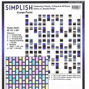 May include: A quilt pattern chart for a queen-sized quilt measuring 82 1/2 inches by 88 inches. The chart shows the placement of different colored fabric squares. The fabric squares are labeled with numbers and names, such as "Spring Fling" and "Ombre Washart".