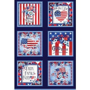 May include: A patriotic fabric panel with six squares featuring red, white, and blue American flag designs, floral accents, and phrases like "God Bless America" and "Faith Family Freedom". The panel measures 24 inches by 44 inches.