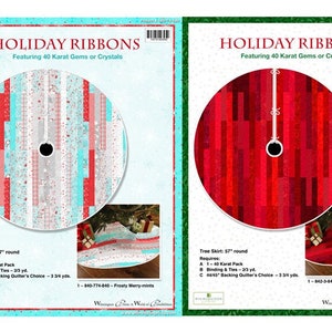 May include: Two images of a holiday tree skirt pattern featuring 40 karat gems or crystals. The first image shows a white, red, and blue tree skirt with a frosty merry-mints design. The second image shows a red tree skirt with a ruby days design. Both images include the text "Holiday Ribbons" and the text "Featuring 40 Karat Gems or Crystals".