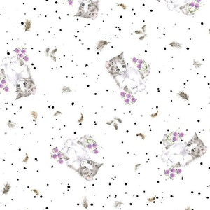 Whiskers & Paws, Tiny Flowers Cats White 10418 W, Hannah Dale, Maywood Studio, Quality Quilting Cotton, Fabric By The Yard and Half Yard