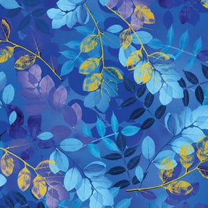 May include: A repeating pattern of leaves and branches in shades of blue, purple, and gold. The leaves vary in shape and size, with some appearing translucent. The background is a deep blue, creating a sense of depth and layering. The overall design is botanical.