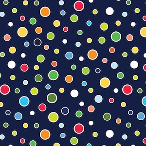 May include: A seamless pattern featuring a navy blue background with a scattered arrangement of colorful polka dots. The dots vary in size and color, including red, green, yellow, orange, blue, and white, creating a playful and vibrant design.