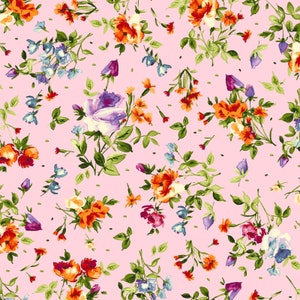 May include: A pink background with a repeating pattern of colorful flowers. The flowers are in shades of orange, red, purple, and blue. The flowers are arranged in a random pattern and are surrounded by green leaves.