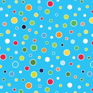 May include: A repeating pattern of colourful polka dots on a bright blue background. The dots vary in size and colour, including red, yellow, green, orange, and white, creating a playful and cheerful design.