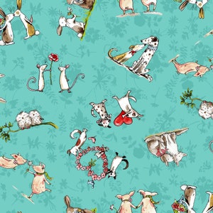 End of Bolt 26", Pet Fabric, Cat Fabric, Mouse Fabric, Animal Friends Turquoise 3358-101, From the Heart, Clothworks, Quilting Cotton Fabric